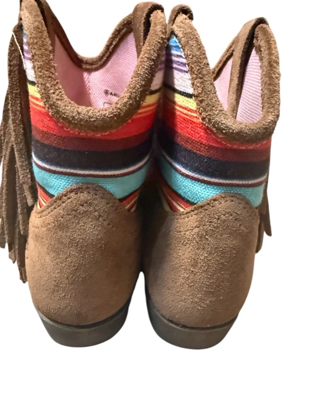 Ariat Brown Suede Fringe Ankle Boots with Multicolor Stripe Detail size 2